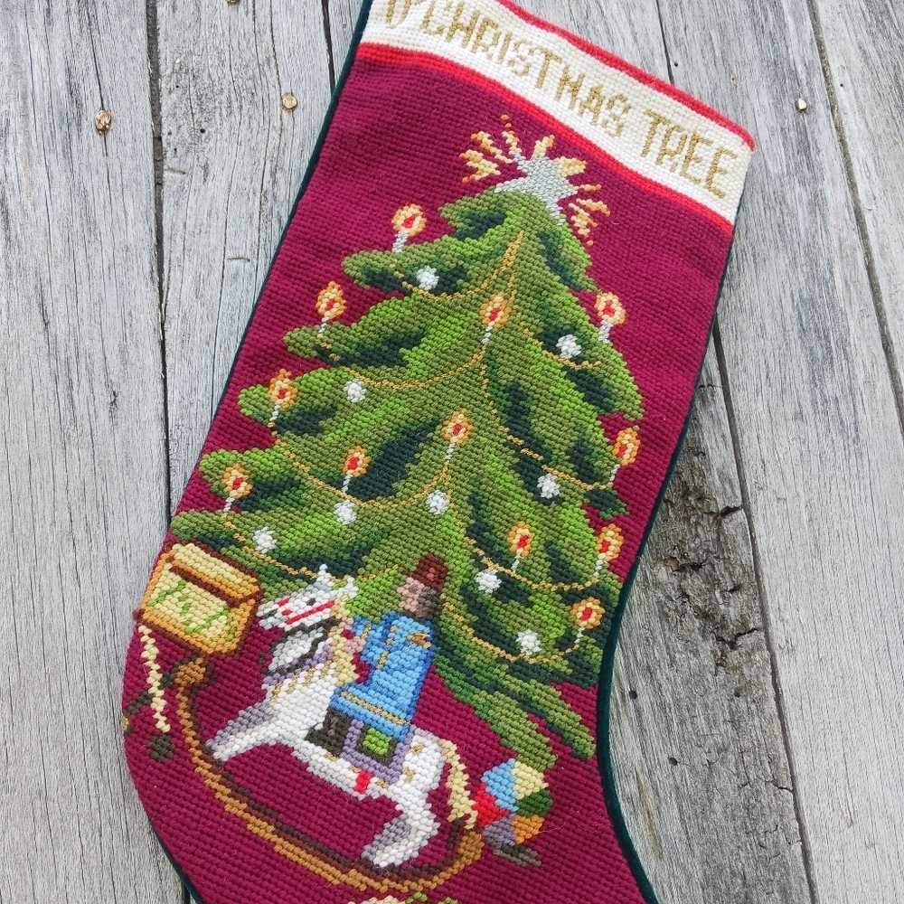 Vtg Needlepoint Christmas Holiday Stocking “O‎ Christmas Tree” Green Velvet Back - Picture 2 of 5